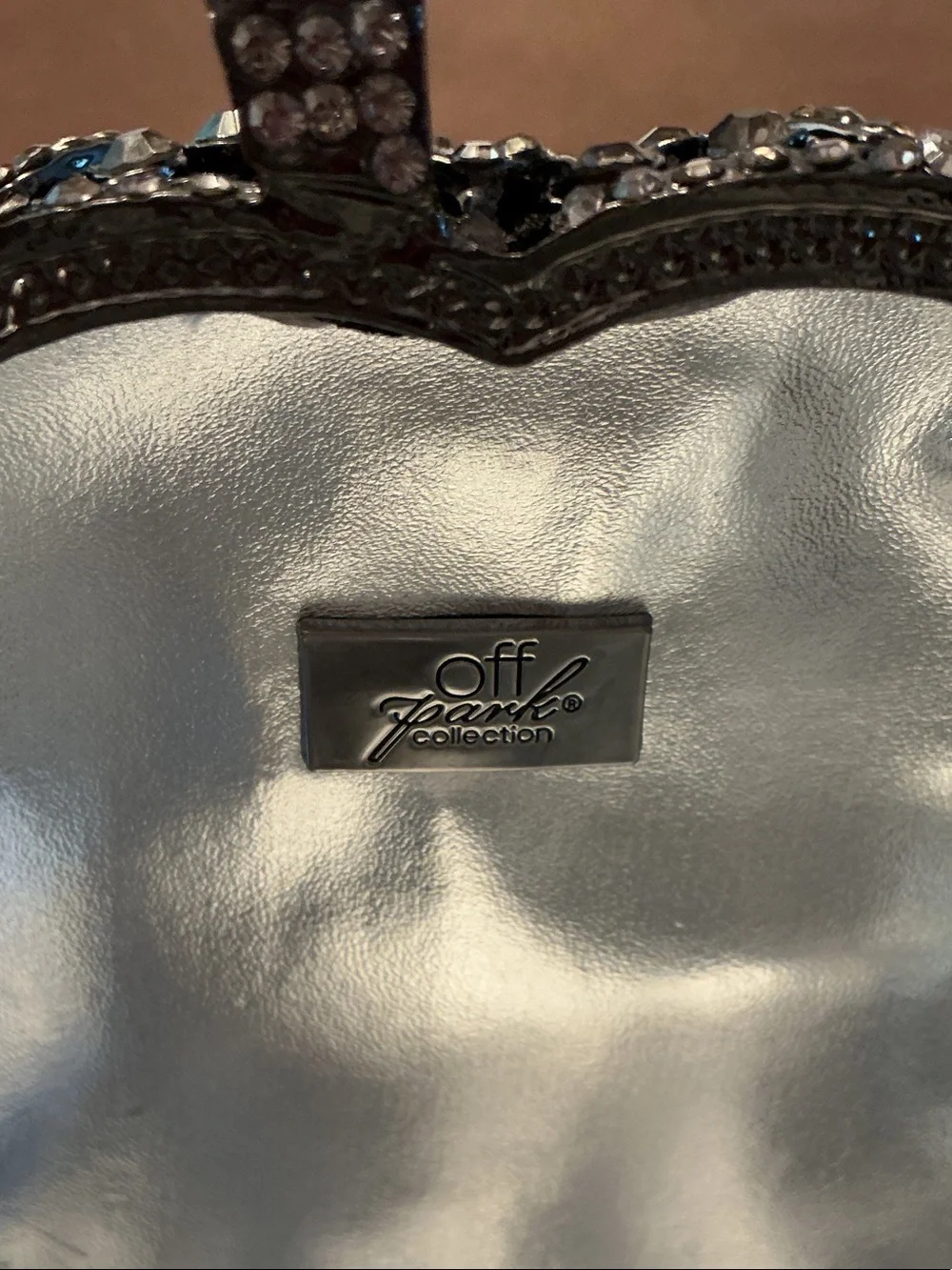 NWT Off Park Collection Designer Gun Metal Crystal Flower Evening Bag Clutch 6”